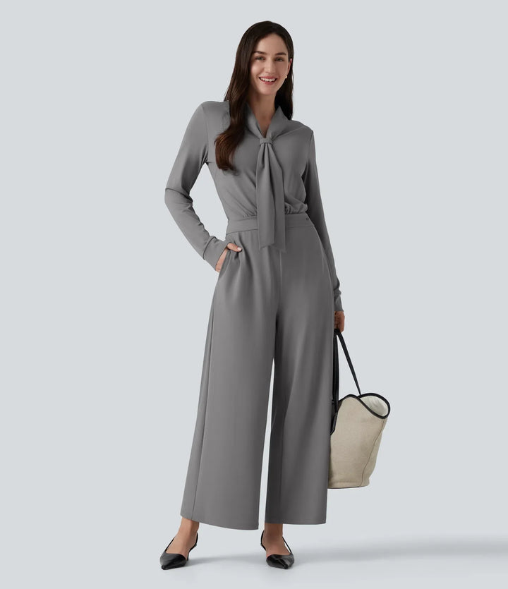 V-ringad långärmad vida ben arbetsjumpsuit med fickor-Easy Peezy Edition
