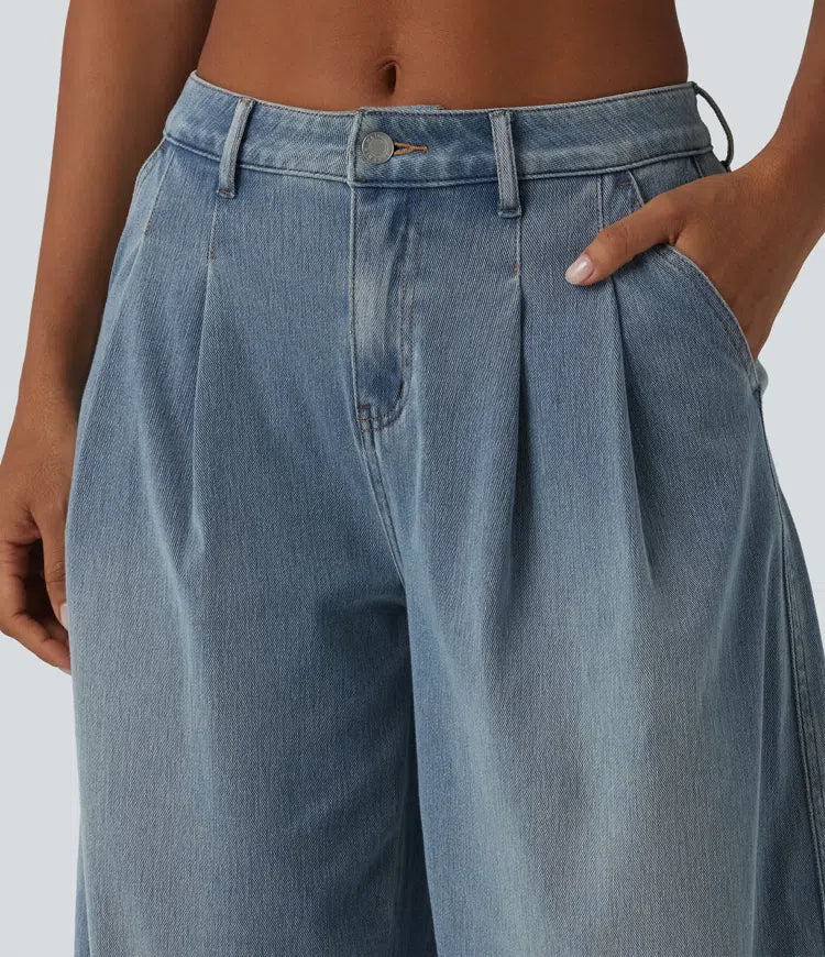 Halara Flex med medelhög midja denim för vardag ballongmodell joggingbyxor med fickor