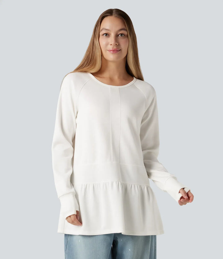 Rund hals långärmad tumhål volangfåll vardaglig sweatshirt