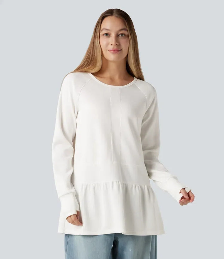 Rund hals långärmad tumhål volangfåll vardaglig sweatshirt