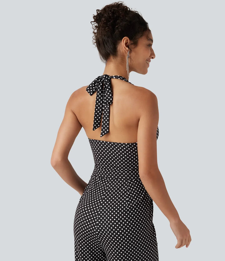 Halterneck ärmlös rygglös inbyggd BH prickig mönster resortjumpsuit med fickor-Easy Peezy