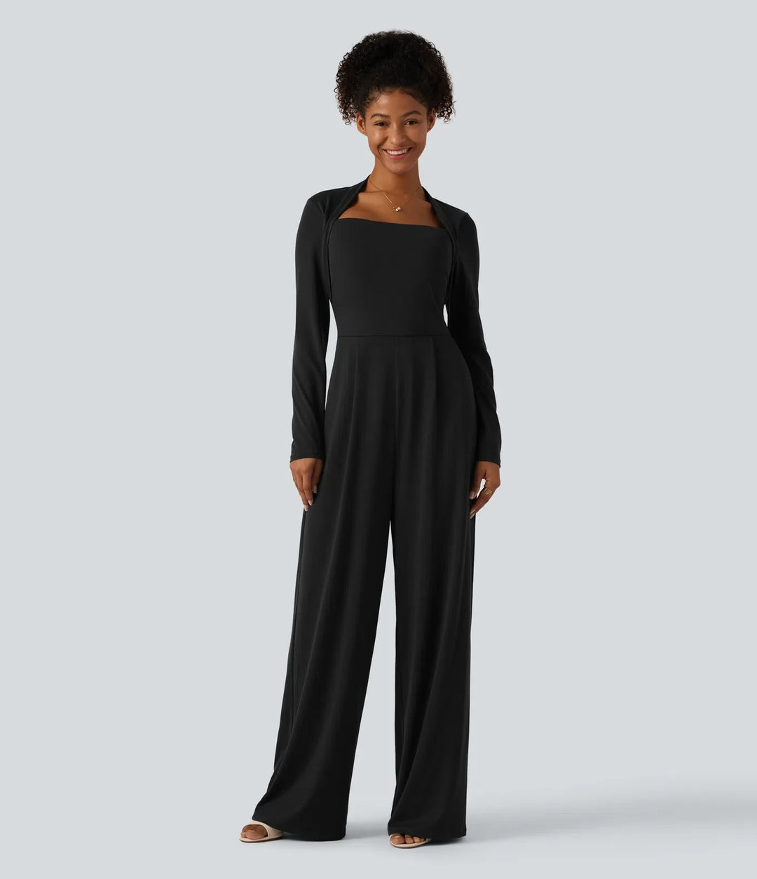 Långärmad inbyggd BH vida ben jumpsuit med fickor-Easy Peezy Edition DD-F-kupor