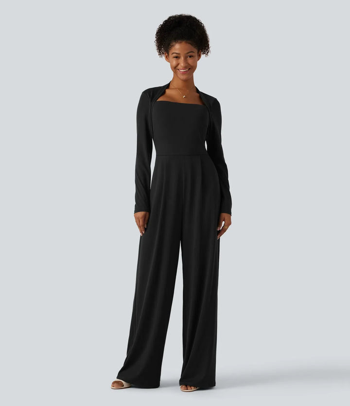 Långärmad inbyggd BH vida ben jumpsuit med fickor-Easy Peezy Edition DD-F-kupor
