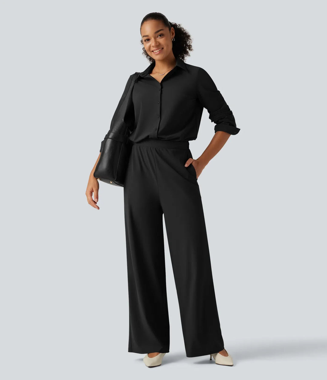 Långärmad raka ben arbetsskjorta jumpsuit med fickor-Easy Peezy Edition