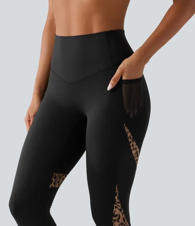 Högmidjad skinny kontrastmesh leopardmönster färgblock yogaleggings med fickor