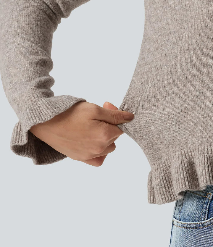 Rund hals volang långärmad arbete ullblandning cardigan