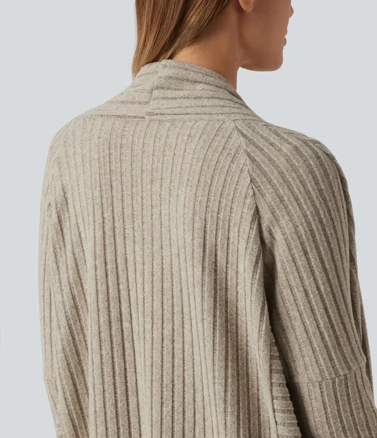 Ribbstickad lång fladdermusärm bältad vardaglig lång modell cardigan