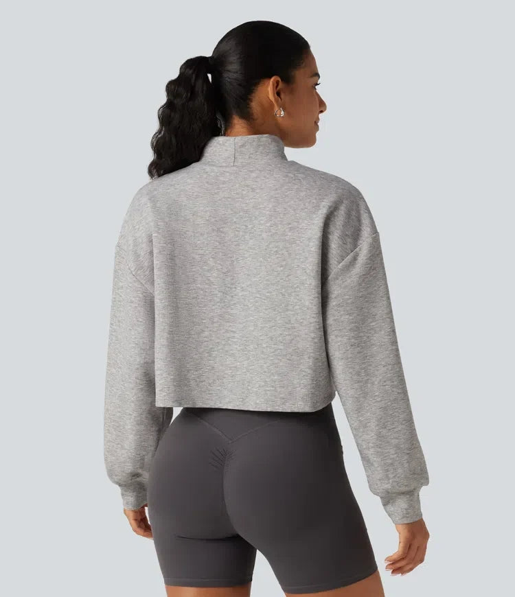 Halvpolo långärmad avslappnad croppad vardaglig sweatshirt