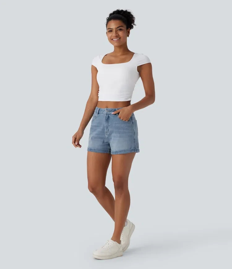 Halara Flex med medelhög midja dragkedja fickor denim vardagsshorts 3&