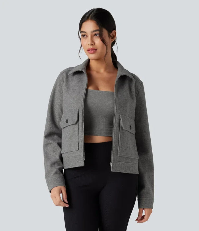 Långärmad dragkedja fleece vardaglig jacka med fickor