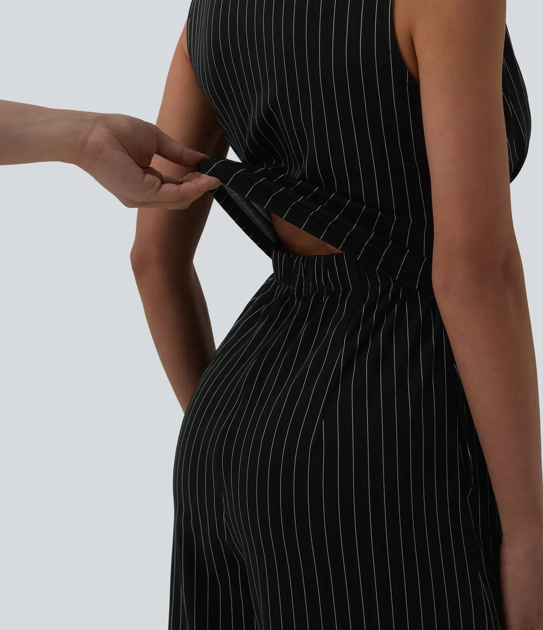 V-ringning ärmlös rynklad ränder för arbete jumpsuit med fickor – Easy Peezy
