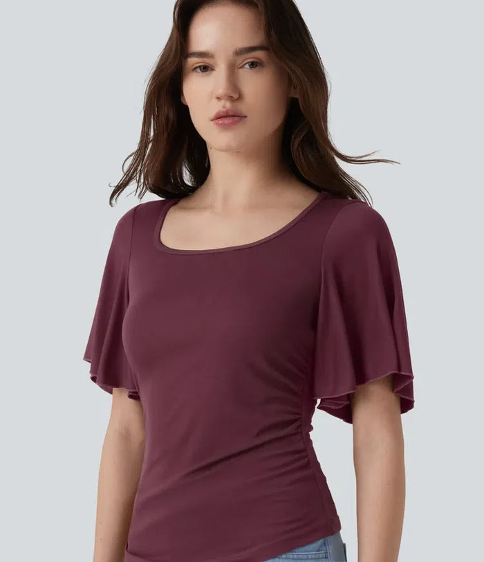 Ribbad fyrkantig halsringning fjäril ärm rynklad T-shirt för vardag