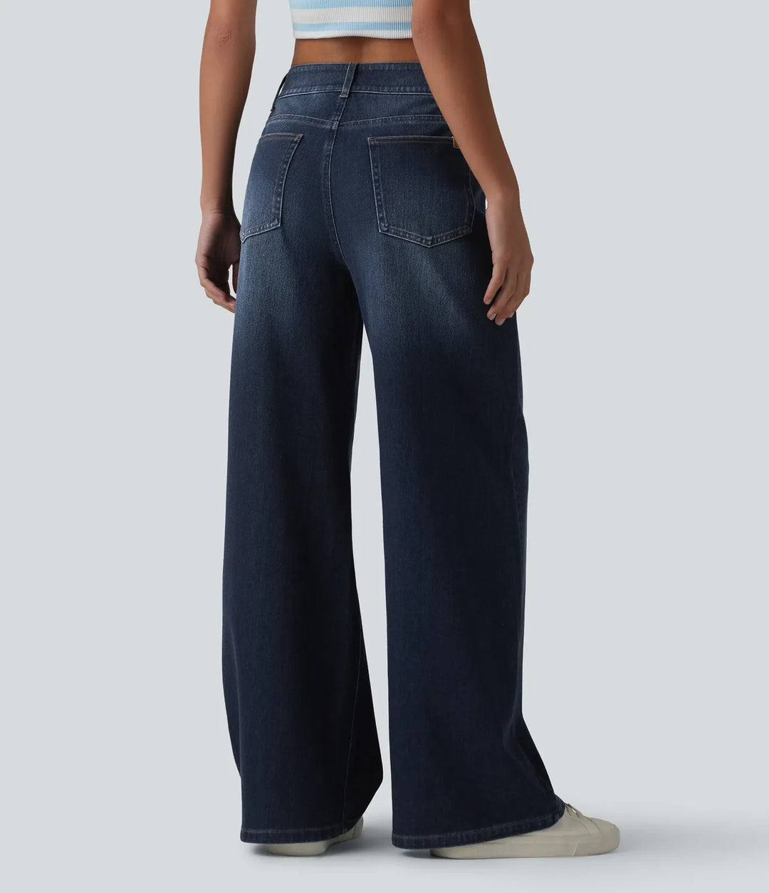 Lyckera Flex medelhög midja tvättad baggy vida ben vardagsjeans med fickor