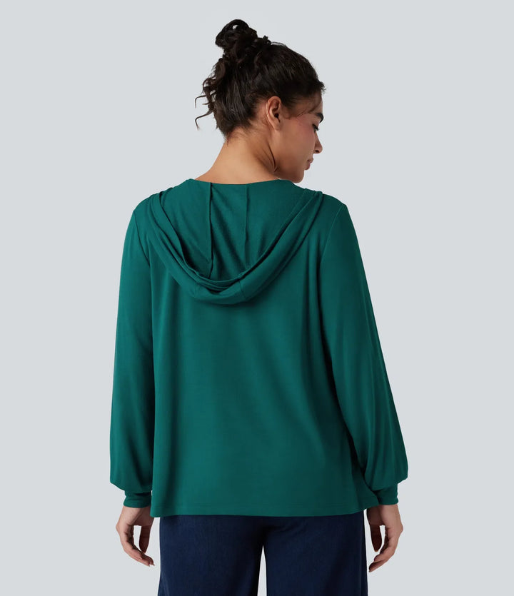 Med huva fyrkantig halsringning långärmad vardaglig sweatshirt