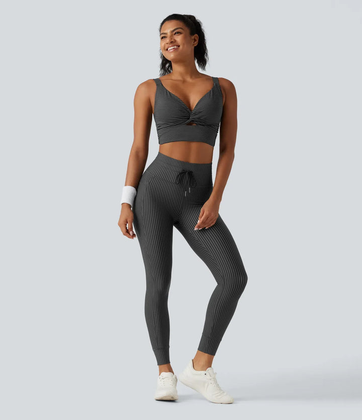 Med hög midja dragsko rand yogaleggings med fickor