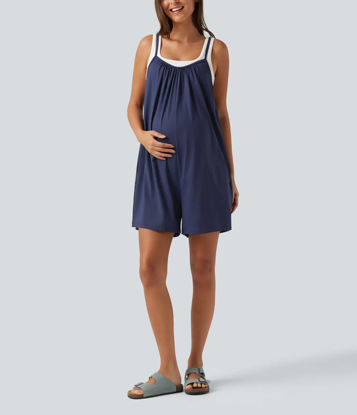 Spaghetti enfärgad vida ben vardaglig mamma playsuit med fickor