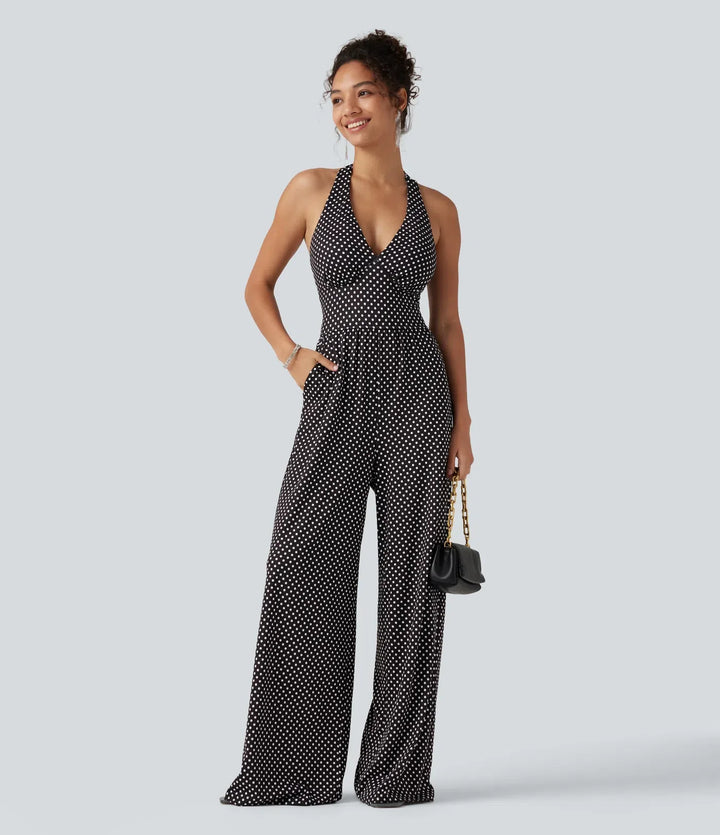 Halterneck ärmlös rygglös inbyggd BH prickig mönster resortjumpsuit med fickor-Easy Peezy