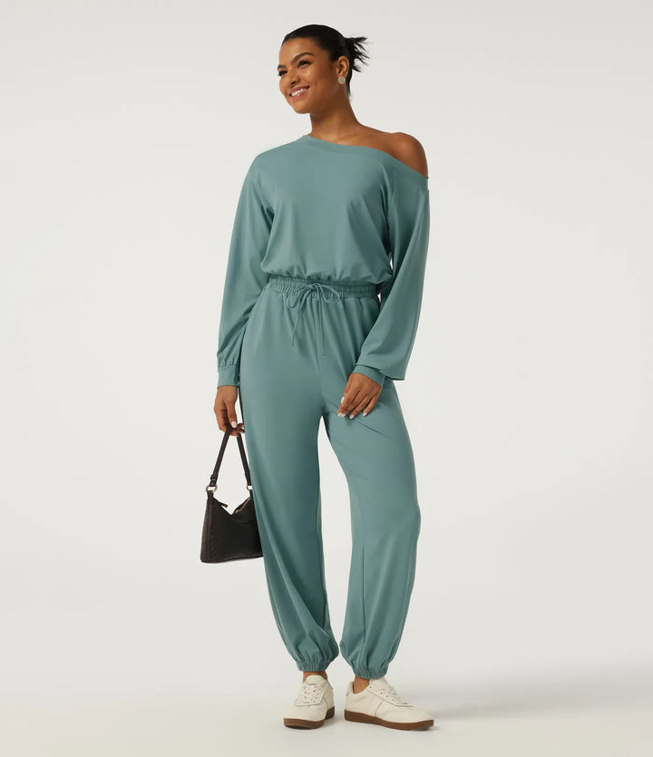 Enaxlad långärmad dragsko vardaglig jumpsuit med fickor - Easy Peezy Edition