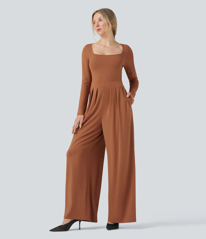U-ringad långärmad vida ben vardaglig jumpsuit med fickor