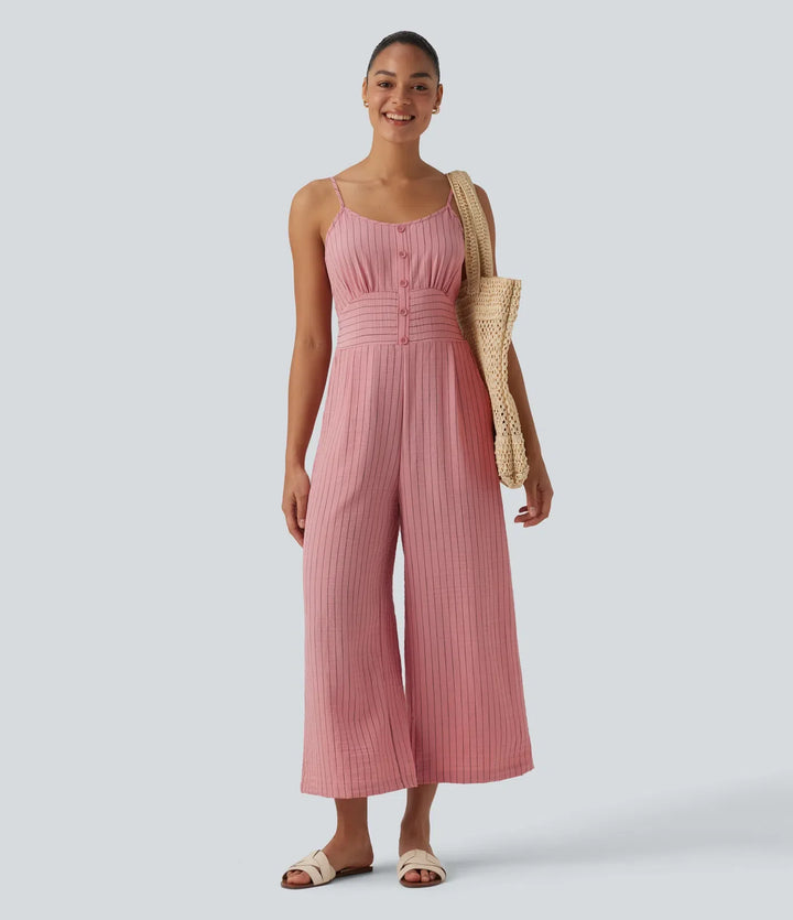 Knytning i ryggen skuren-ut randig linnekänsla slip jumpsuit med fickor