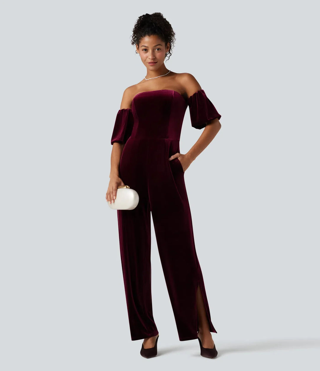 Tub puffärm slits sammet fest jumpsuit-Easy Peezy