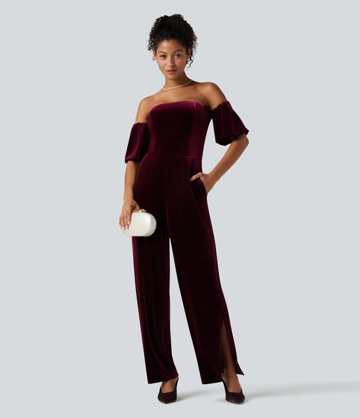 Tub puffärm slits sammet fest jumpsuit-Easy Peezy