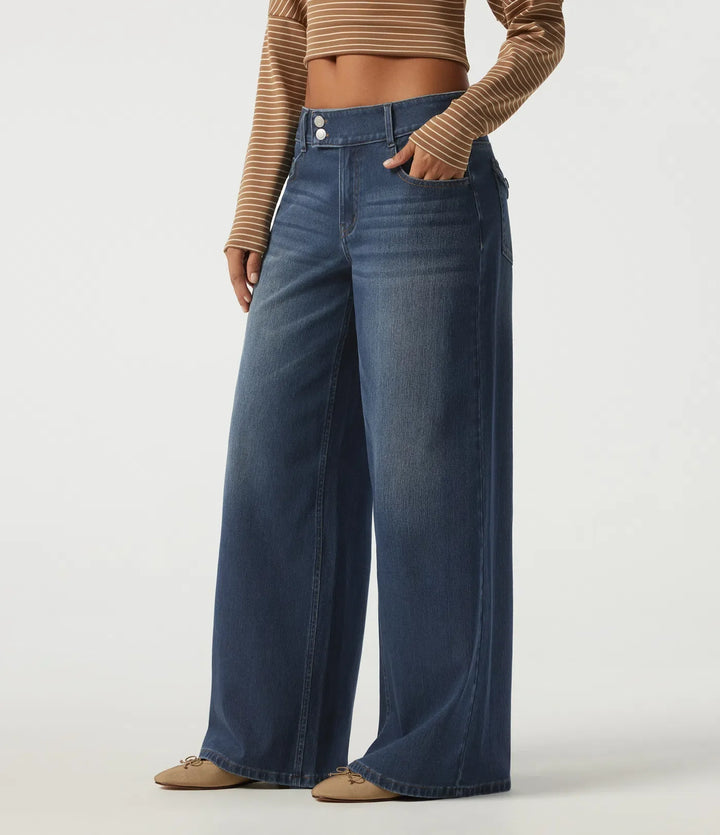 Lyckera Flex låg midja baggy vardaglig bomull jeans med fickor