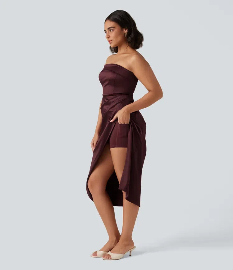 Tubmodell 2-i-1 figurnära satin midi festklänning
