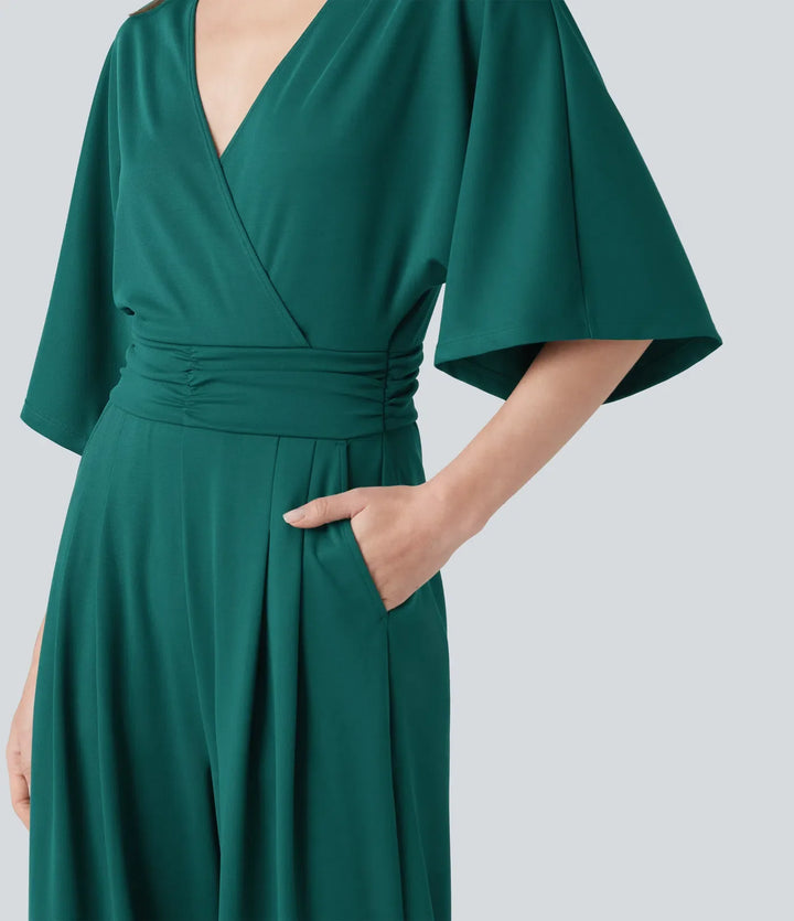 V-ringad halvlång ärm knytning i ryggen arbete baggy jumpsuit med fickor-Easy Peezy