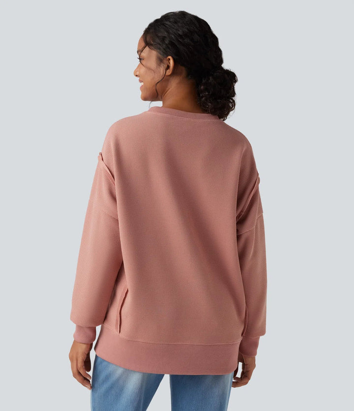 Rund hals långärmad slits fåll våffelstruktur vardaglig sweatshirt