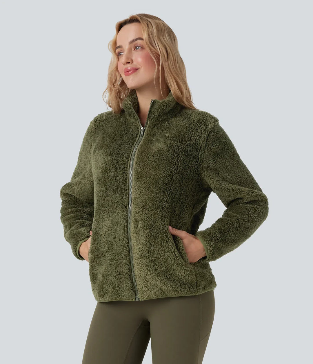 Ståkrage långärmad vardaglig sherpajacka med fickor
