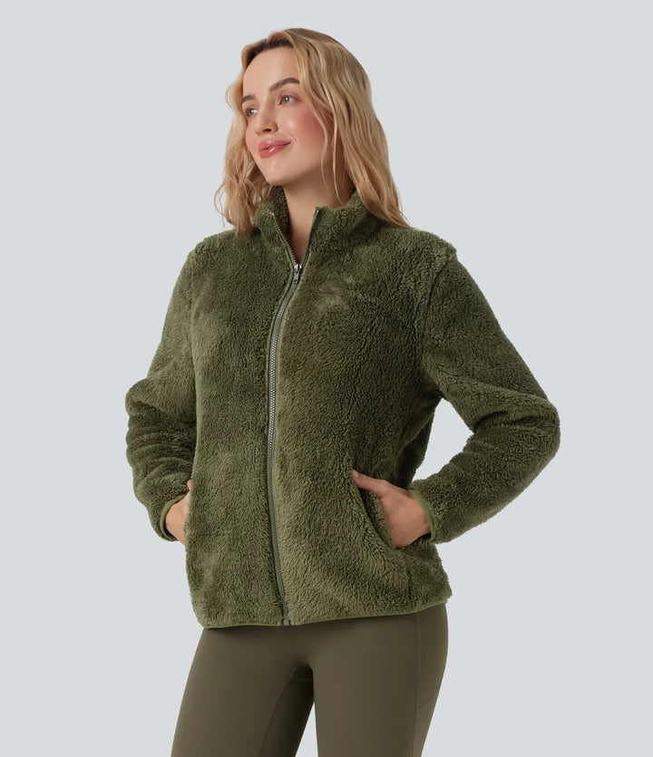 Ståkrage långärmad vardaglig sherpajacka med fickor