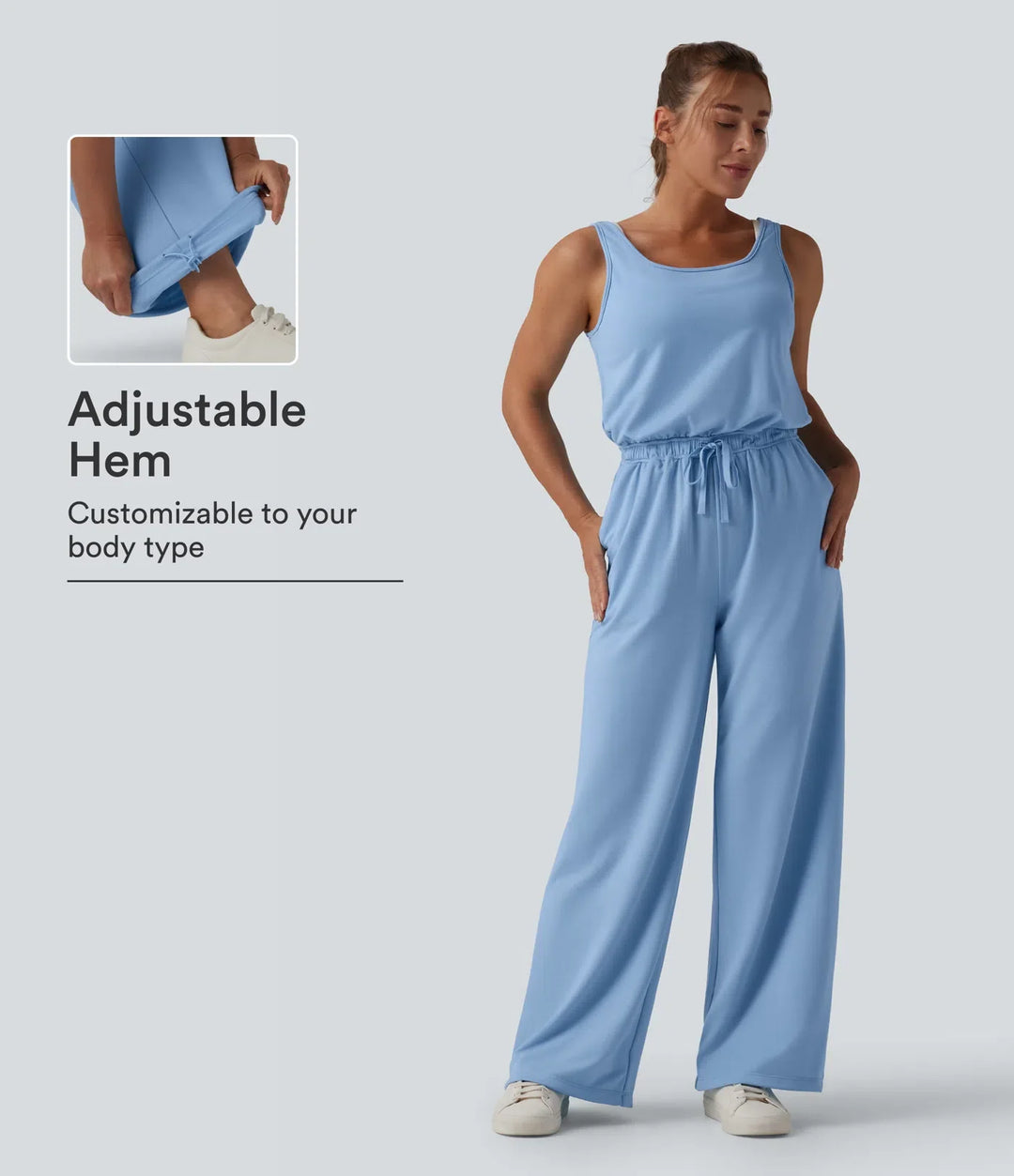 U-ringad djup-rund rygg dragsko vardaglig jumpsuit med fickor