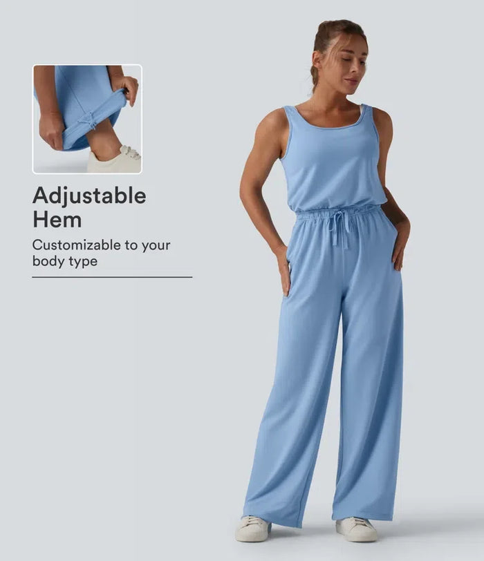 U-ringad djup-rund rygg dragsko vardaglig jumpsuit med fickor