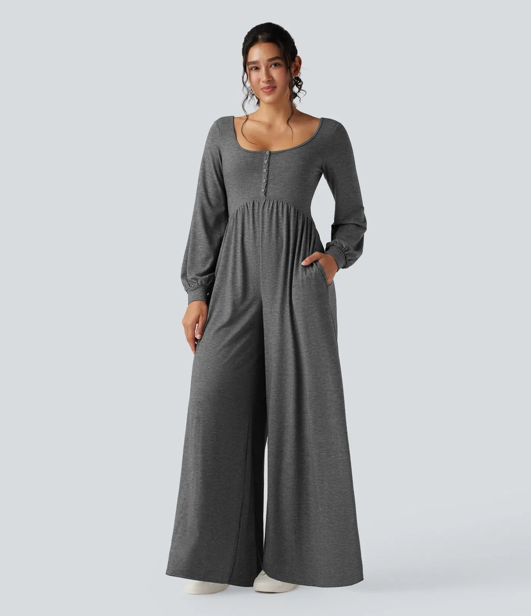 Djup rund halsringning rygglös långärmad melerad vardaglig vida ben jumpsuit med fickor-Easy Peezy