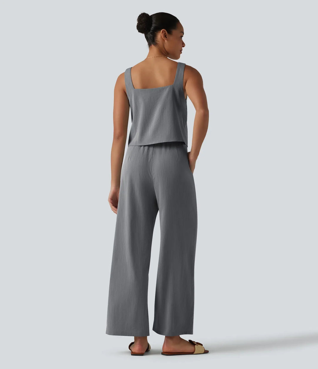 Fyrkantig halsringning ärmlös resort linnekänsla jumpsuit med fickor-Easy Peezy