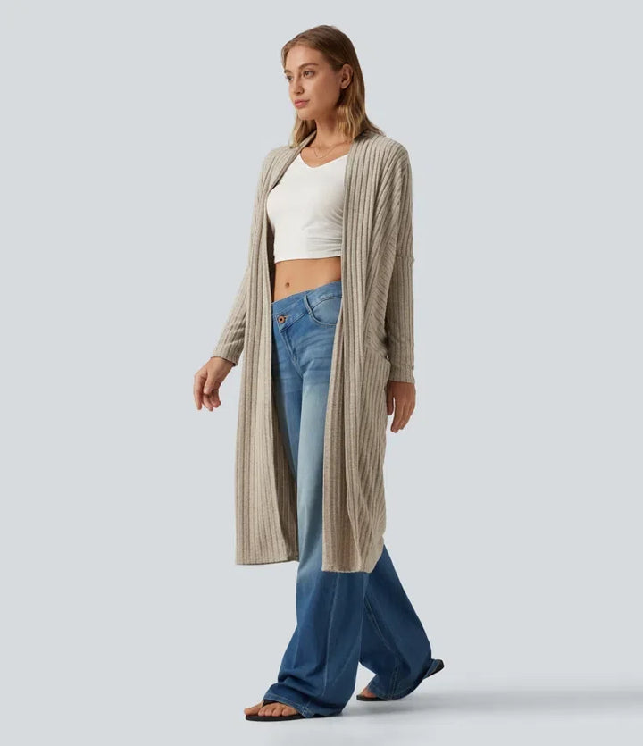 Ribbstickad lång fladdermusärm bältad vardaglig lång modell cardigan