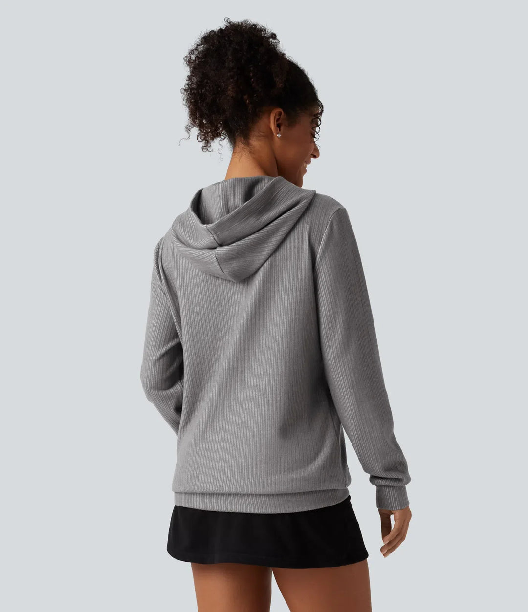 Ribbad med huva långärmad vardaglig sweatshirt med ficka