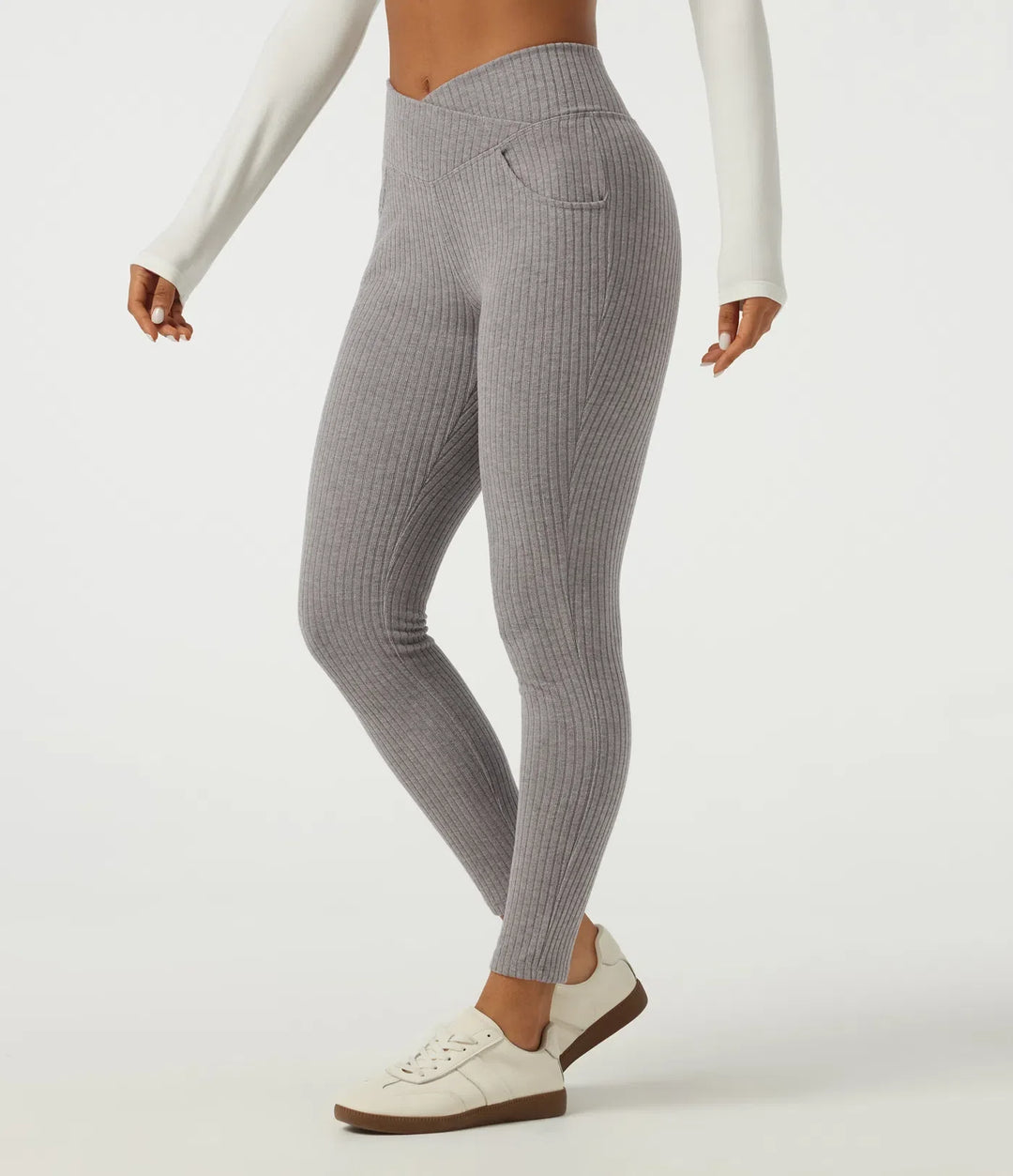 Ribbstickad crossover högmidjad skinny vardagsleggings med fickor