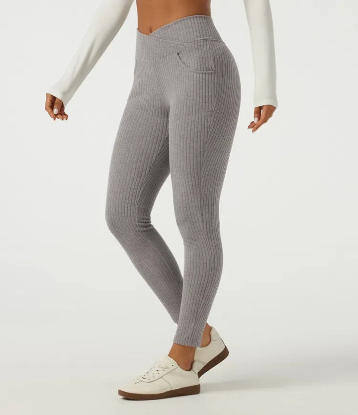 Ribbstickad crossover högmidjad skinny vardagsleggings med fickor