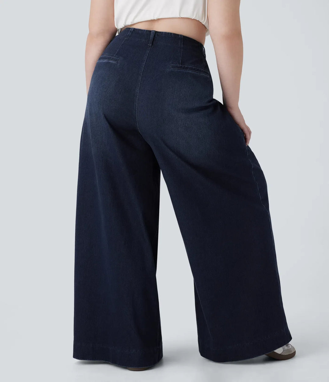 Lyckera Flex högmidjad fickor tvättad vardaglig vida ben plusstorlek jeans