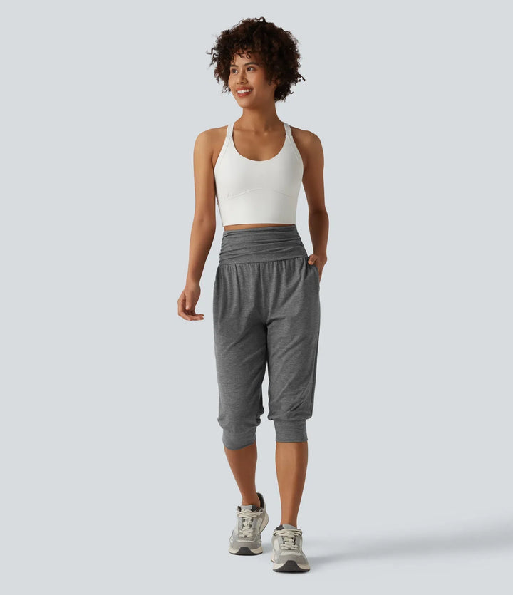 Högmidjad rynkat melerad yoga pedal pushers joggers med fickor