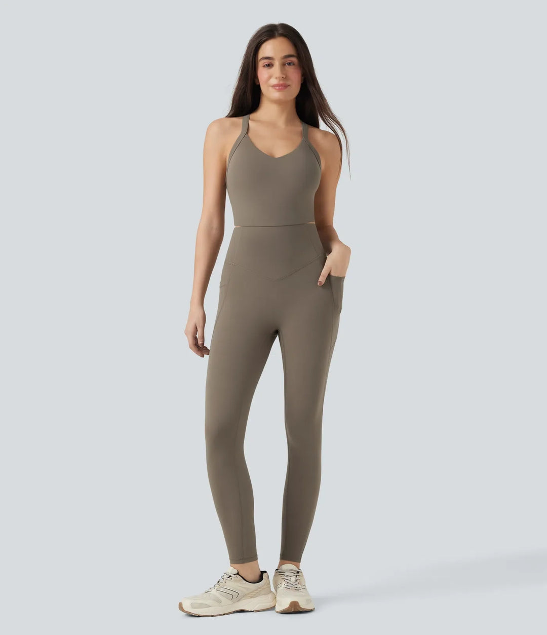 Halara UltraSculpt magkontroll träning jumpsuit med fickor – Easy Peezy-utgåva