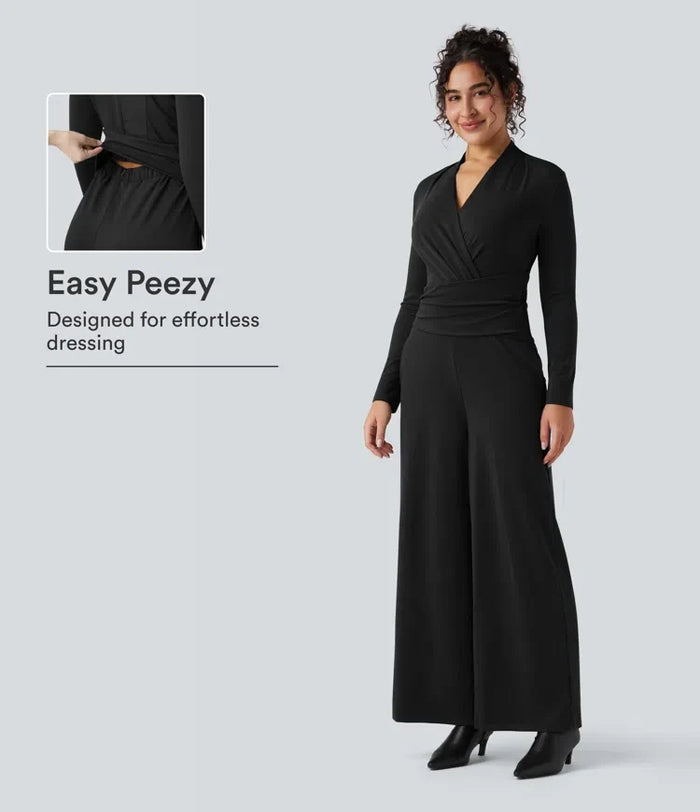 V-ringad dragkedja långärmad arbetsjumpsuit med fickor-Easy Peezy