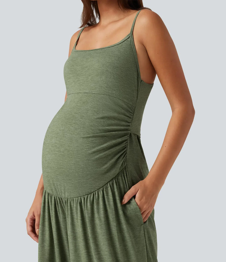 Inbyggd BH rynkat vida ben melerad vardaglig mamma slip jumpsuit med fickor-Easy Peezy Edition