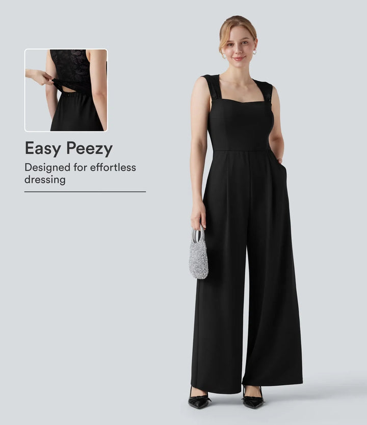 Fyrkantig halsringning ärmlös kontrastspets jumpsuit för brudtärna och bröllopsgäst med fickor-Easy Peezy