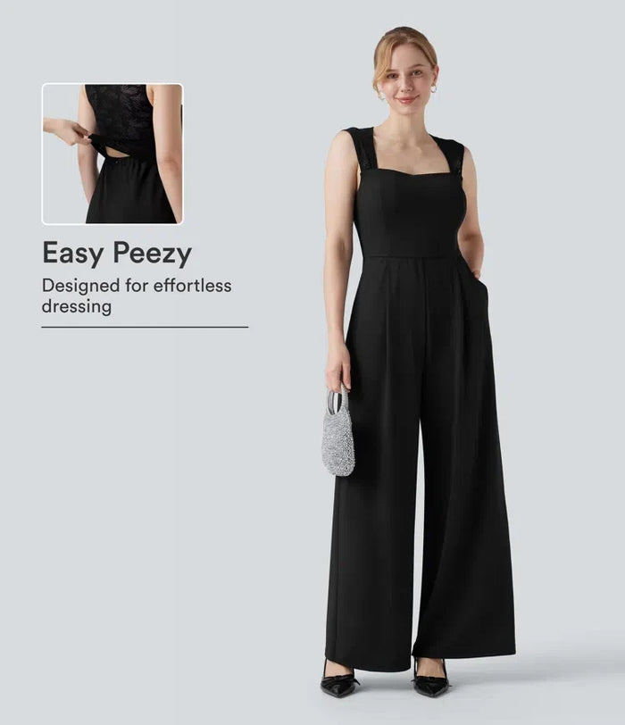Fyrkantig halsringning ärmlös kontrastspets jumpsuit för brudtärna och bröllopsgäst med fickor-Easy Peezy