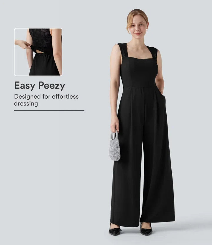 Fyrkantig halsringning ärmlös kontrastspets jumpsuit för brudtärna och bröllopsgäst med fickor-Easy Peezy
