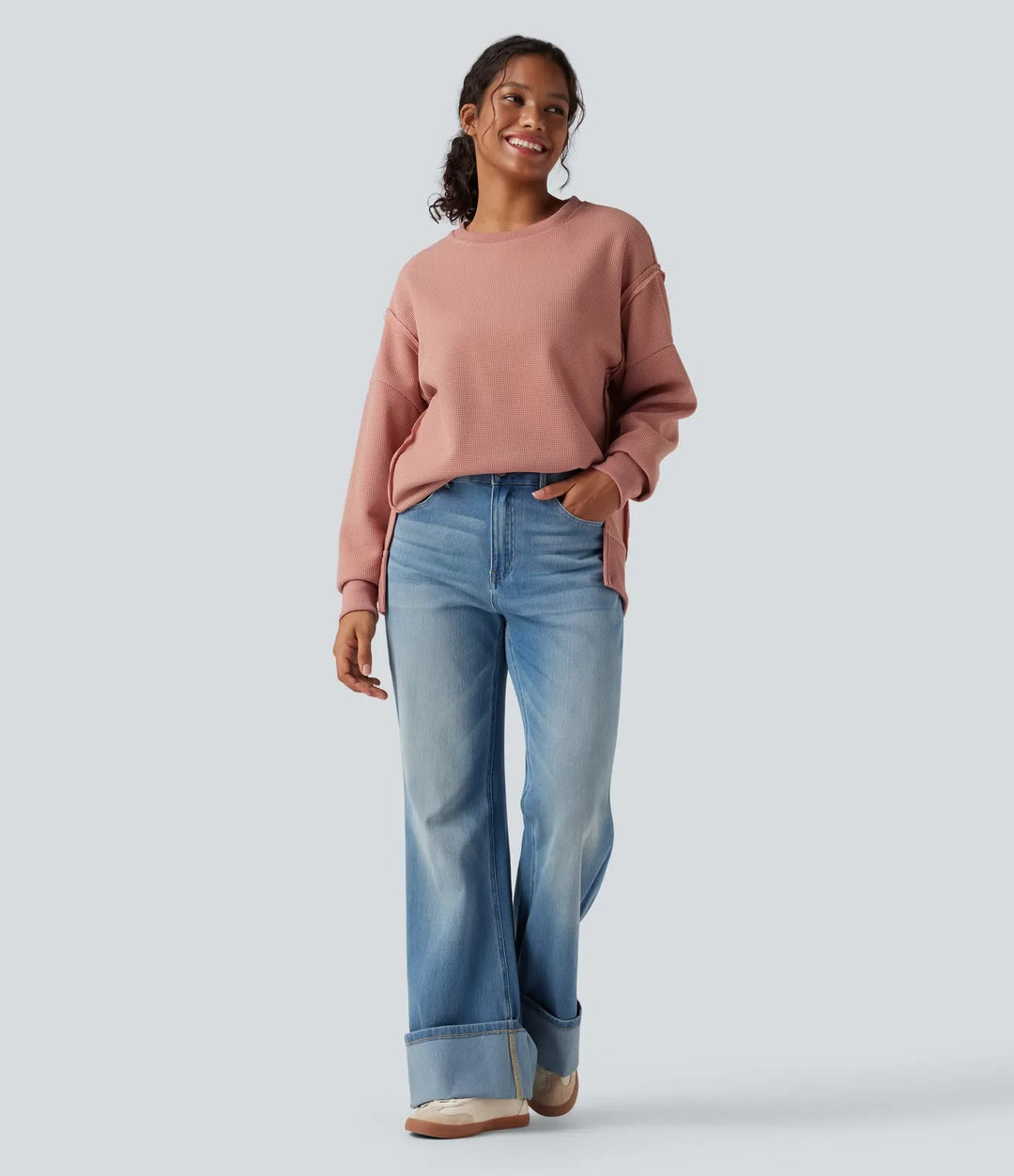 Rund hals långärmad slits fåll våffelstruktur vardaglig sweatshirt
