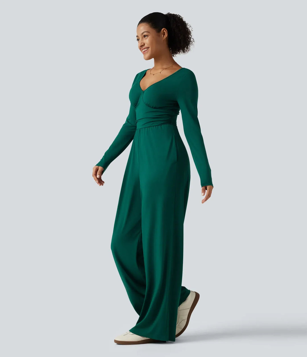 V-ringad långärmad rynkat vida ben vardaglig jumpsuit med fickor-Easy Peezy Edition